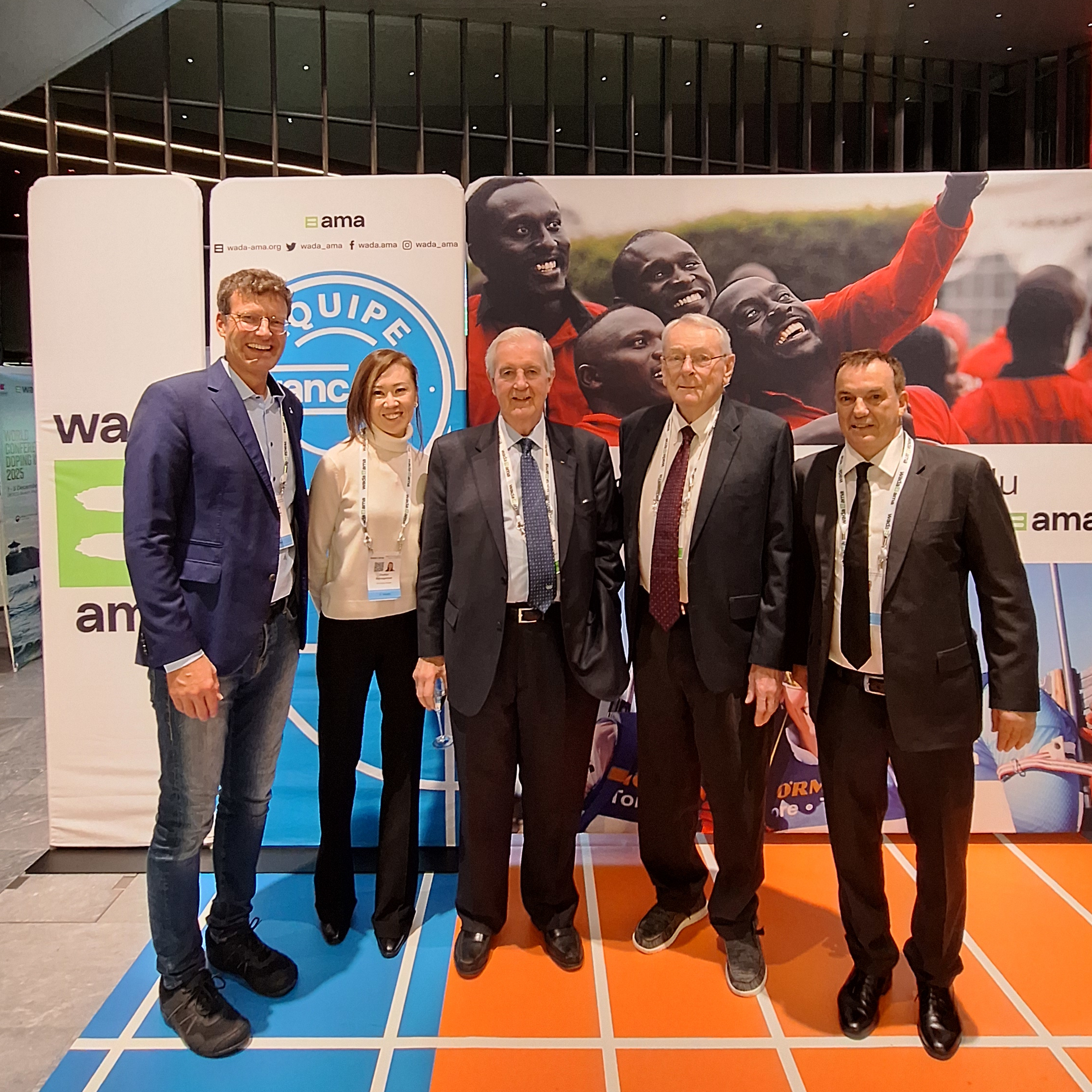 With the former WADA Presidents Richard Pound (WADA Founding President 1999-2007) and Sir Craig Reedie (WADA President 2014-2019) as well as AIMS President Stephan Fox and the new AIMS Executive Administrator Zhuldyz Baimagambet.